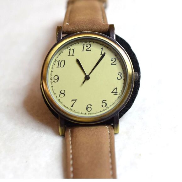 Accutime Bronze Tone Quartz Brown Leather Band Unisex New Battery Watch - Picture 1 of 5